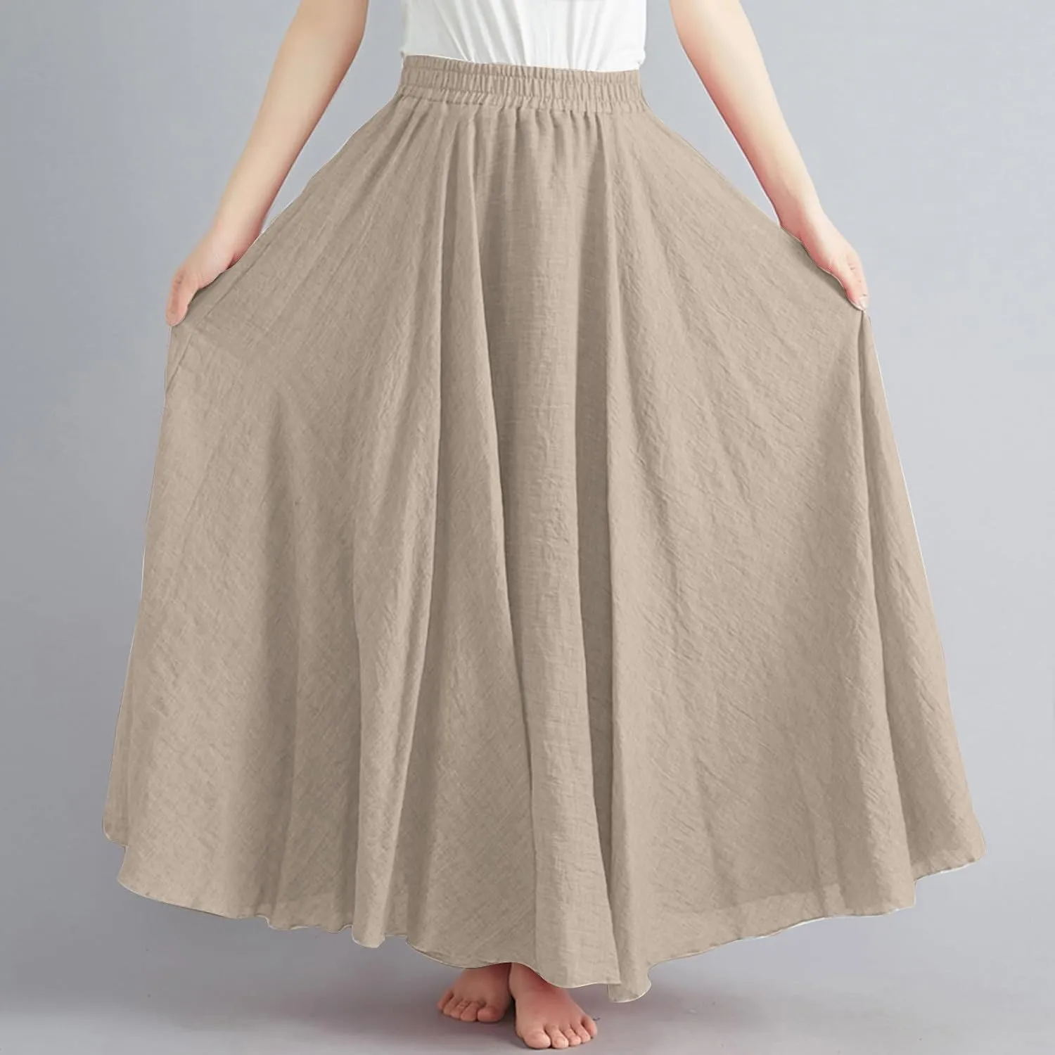 Maxi Skirts for Women 2024 Fashion Solid Ruffle Linen Skirt Summer Stretchy High Waist A-Line Skirt Casual Long Skirt