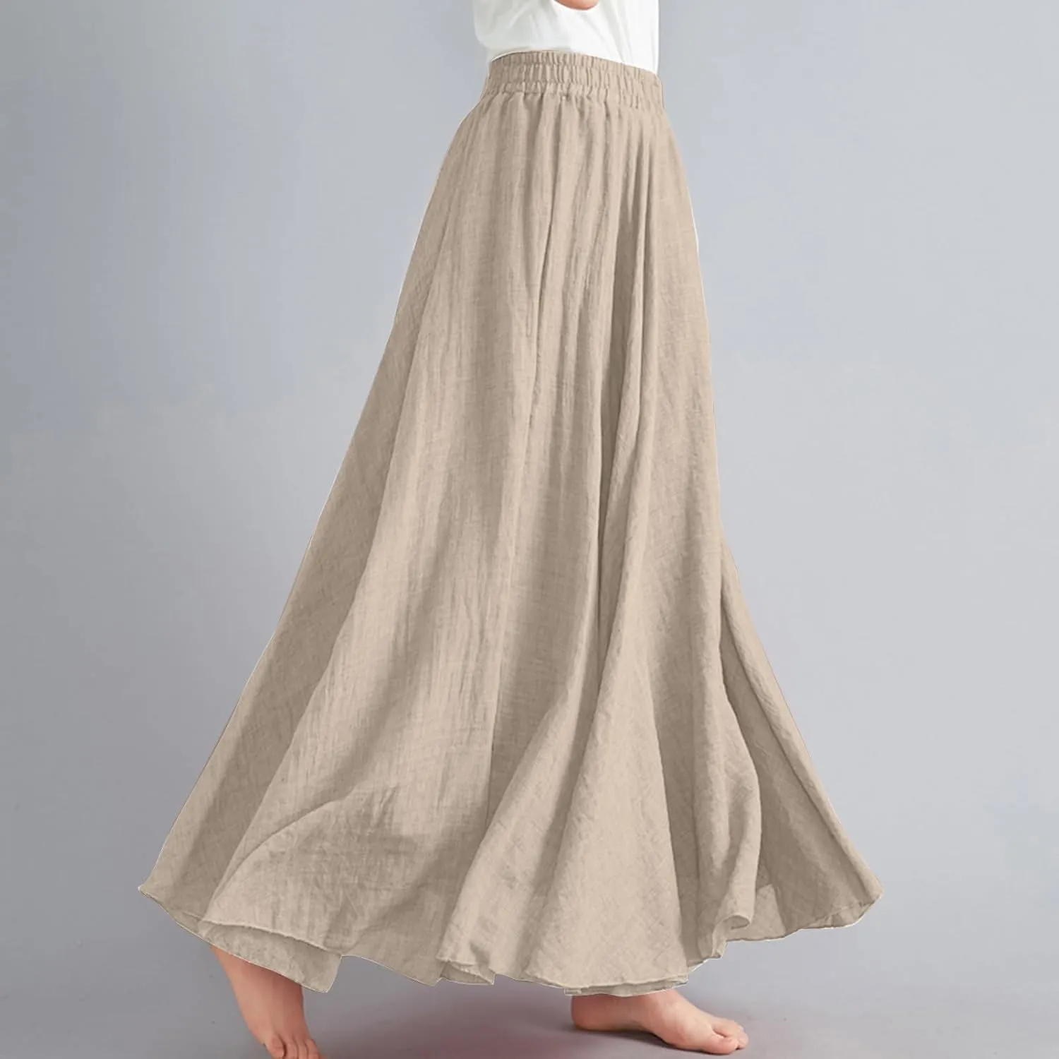 Maxi Skirts for Women 2024 Fashion Solid Ruffle Linen Skirt Summer Stretchy High Waist A-Line Skirt Casual Long Skirt