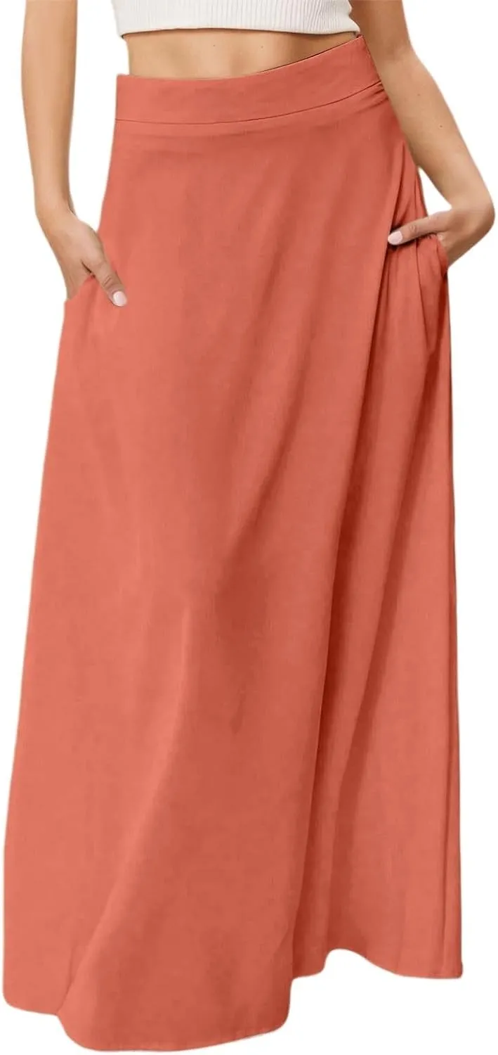 Maxi Skirts for Women 2025 Summer Boho Flowy A-Line Long Skirts Elastic Waist Summer Skirts with Pockets