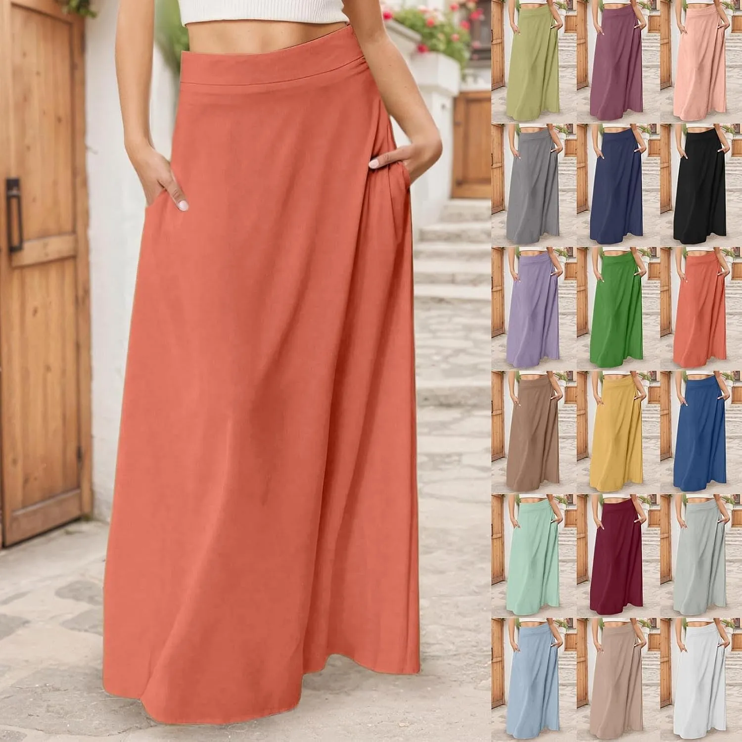 Maxi Skirts for Women 2025 Summer Boho Flowy A-Line Long Skirts Elastic Waist Summer Skirts with Pockets