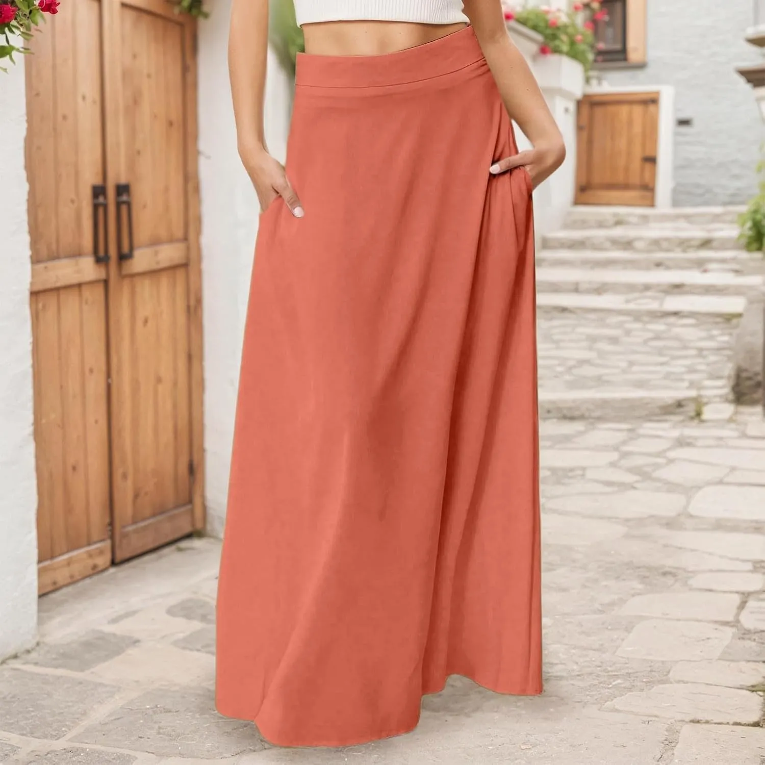 Maxi Skirts for Women 2025 Summer Boho Flowy A-Line Long Skirts Elastic Waist Summer Skirts with Pockets