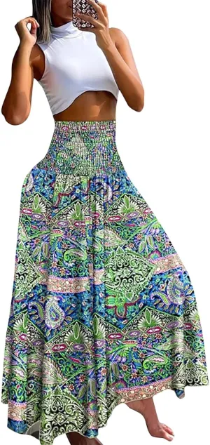 Maxi Skirts for Women 2025 Vintage Printed High Waist Flowy Hem Trendy Skirts Relaxed Beach Vacation Skirt