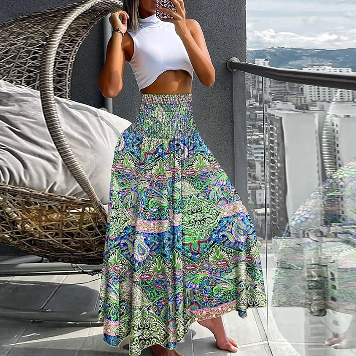 Maxi Skirts for Women 2025 Vintage Printed High Waist Flowy Hem Trendy Skirts Relaxed Beach Vacation Skirt