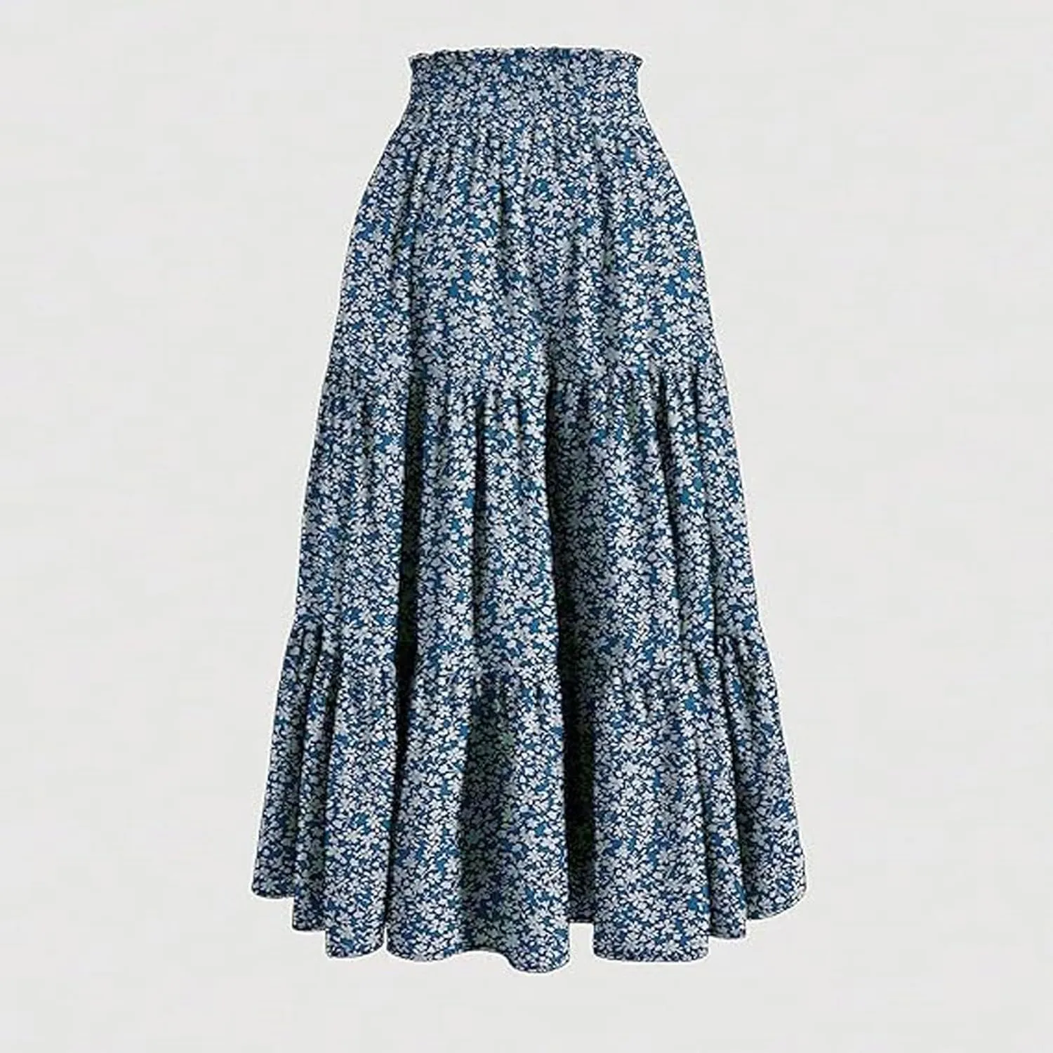 Maxi Skirts for Women Boho Floral Print Tiered Flowy Skirt Vacation Elastic Drawstring Waist A Line Pleated Skirt