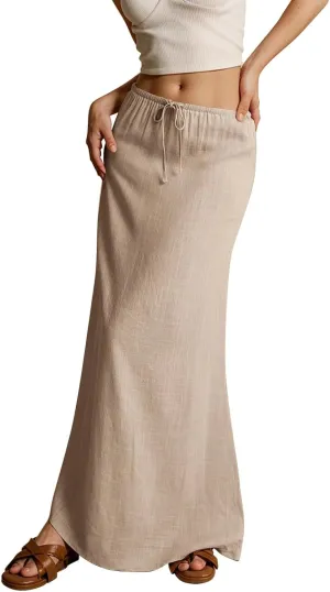 Maxi Skirts for Women Cotton Linen Maxi Summer Comfy Drawstring Low Waist Skirts Long Flowy Vacation Bohemian