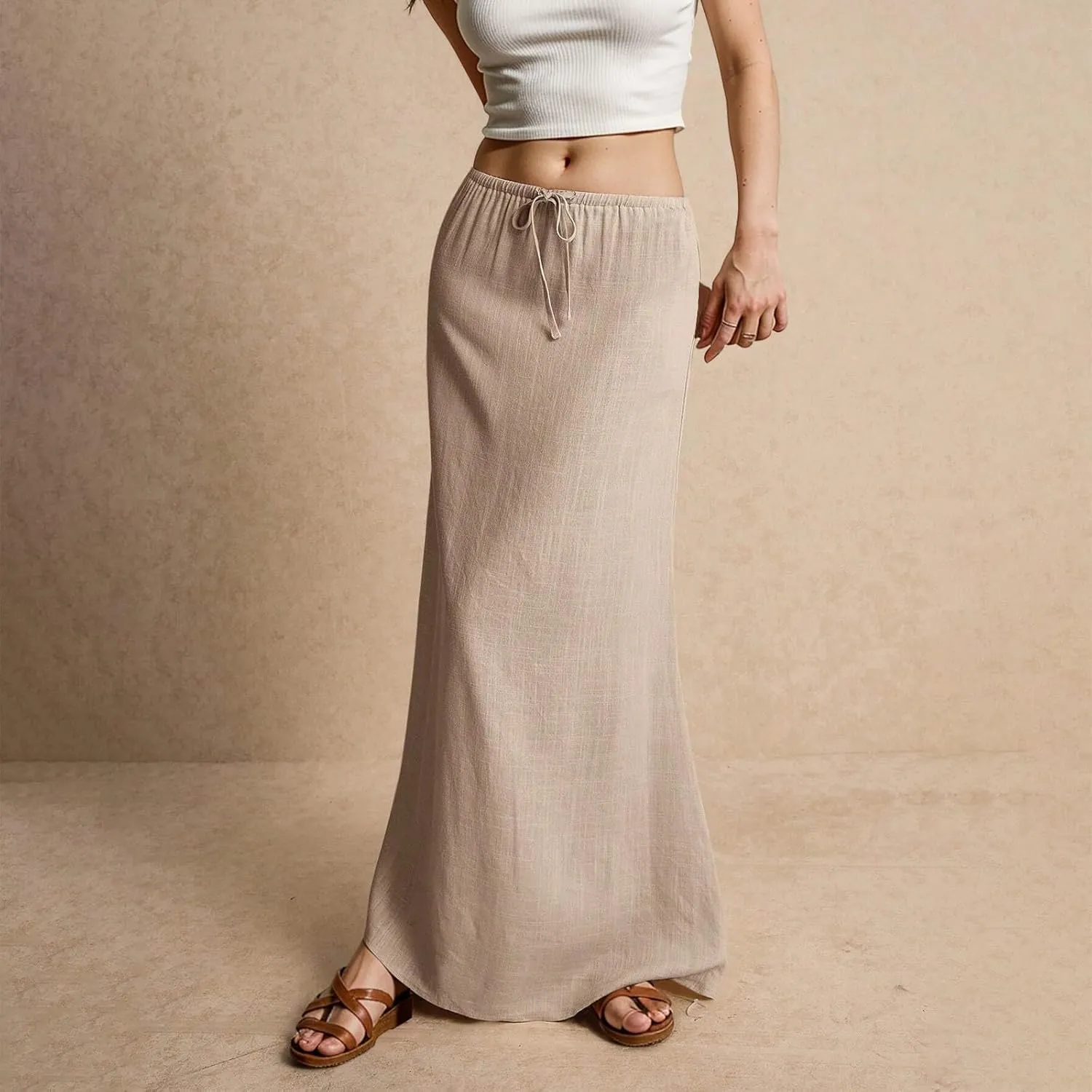 Maxi Skirts for Women Cotton Linen Maxi Summer Comfy Drawstring Low Waist Skirts Long Flowy Vacation Bohemian