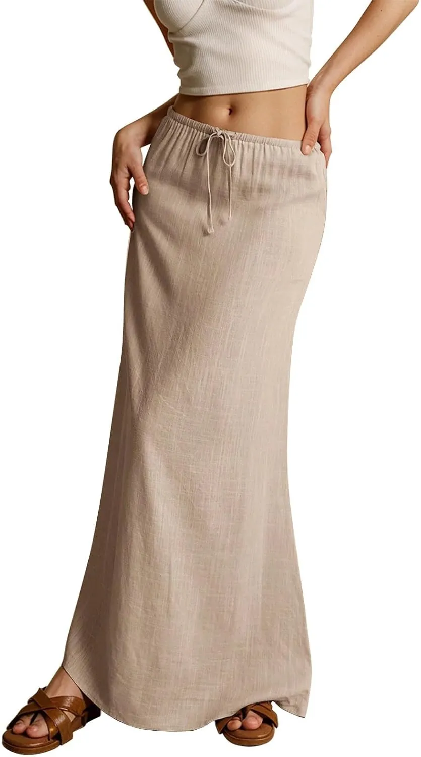 Maxi Skirts for Women Cotton Linen Maxi Summer Comfy Drawstring Low Waist Skirts Long Flowy Vacation Bohemian
