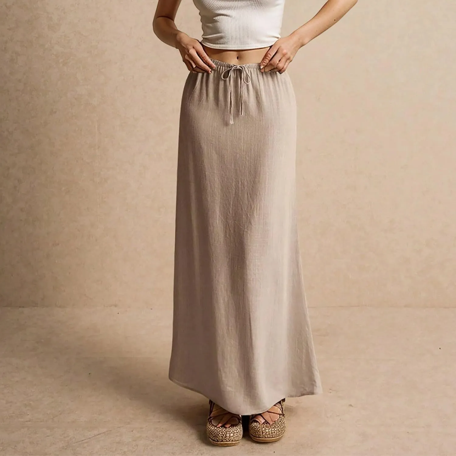 Maxi Skirts for Women Cotton Linen Maxi Summer Comfy Drawstring Low Waist Skirts Long Flowy Vacation Bohemian
