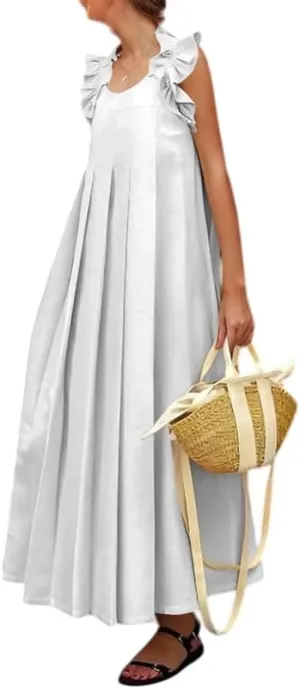Melliflo Women Casual Maxi Dress Sleeveless Pleated Boho Ruffle Sundress Summer Vacation Loose Fit Beach Skirt