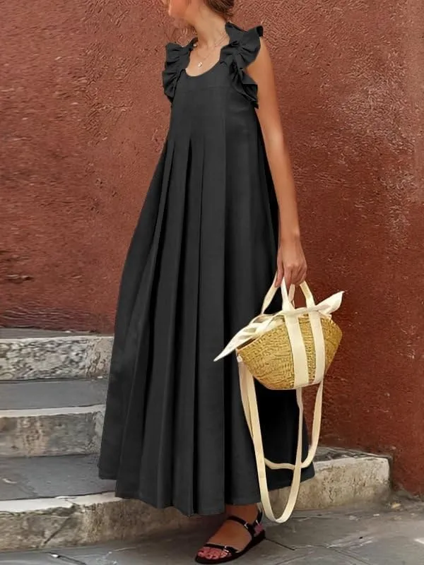 Melliflo Women Casual Maxi Dress Sleeveless Pleated Boho Ruffle Sundress Summer Vacation Loose Fit Beach Skirt