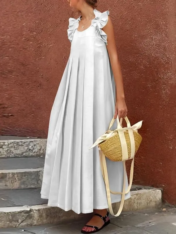 Melliflo Women Casual Maxi Dress Sleeveless Pleated Boho Ruffle Sundress Summer Vacation Loose Fit Beach Skirt