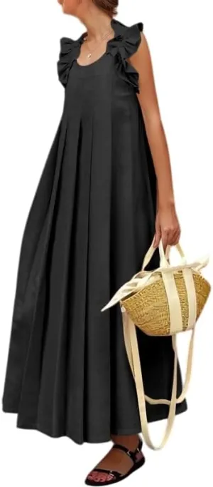 Melliflo Women Casual Maxi Dress Sleeveless Pleated Boho Ruffle Sundress Summer Vacation Loose Fit Beach Skirt
