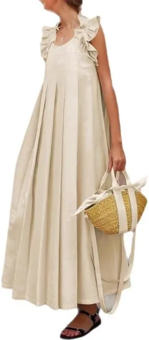 Melliflo Women Casual Maxi Dress Sleeveless Pleated Boho Ruffle Sundress Summer Vacation Loose Fit Beach Skirt