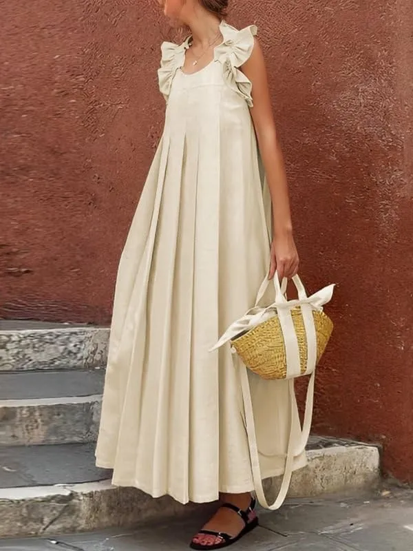 Melliflo Women Casual Maxi Dress Sleeveless Pleated Boho Ruffle Sundress Summer Vacation Loose Fit Beach Skirt