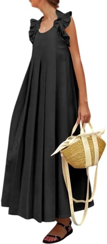 Melliflo Women Casual Maxi Dress Sleeveless Pleated Boho Ruffle Sundress Summer Vacation Loose Fit Beach Skirt