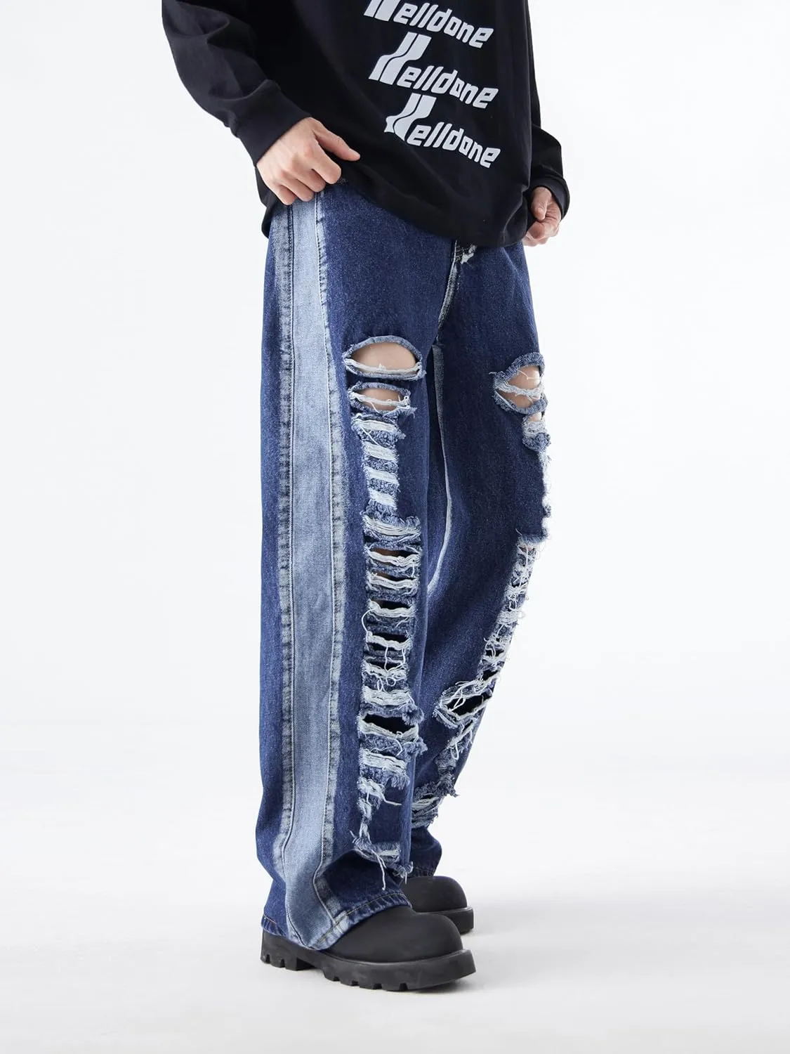 Men's Baggy Jeans Y2K Vintage Distressed Ripped Wide Leg Denim Pants Hip Hop Casual Loose Fit Streetwear Trousers