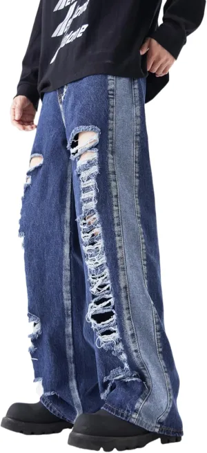 Men's Baggy Jeans Y2K Vintage Distressed Ripped Wide Leg Denim Pants Hip Hop Casual Loose Fit Streetwear Trousers