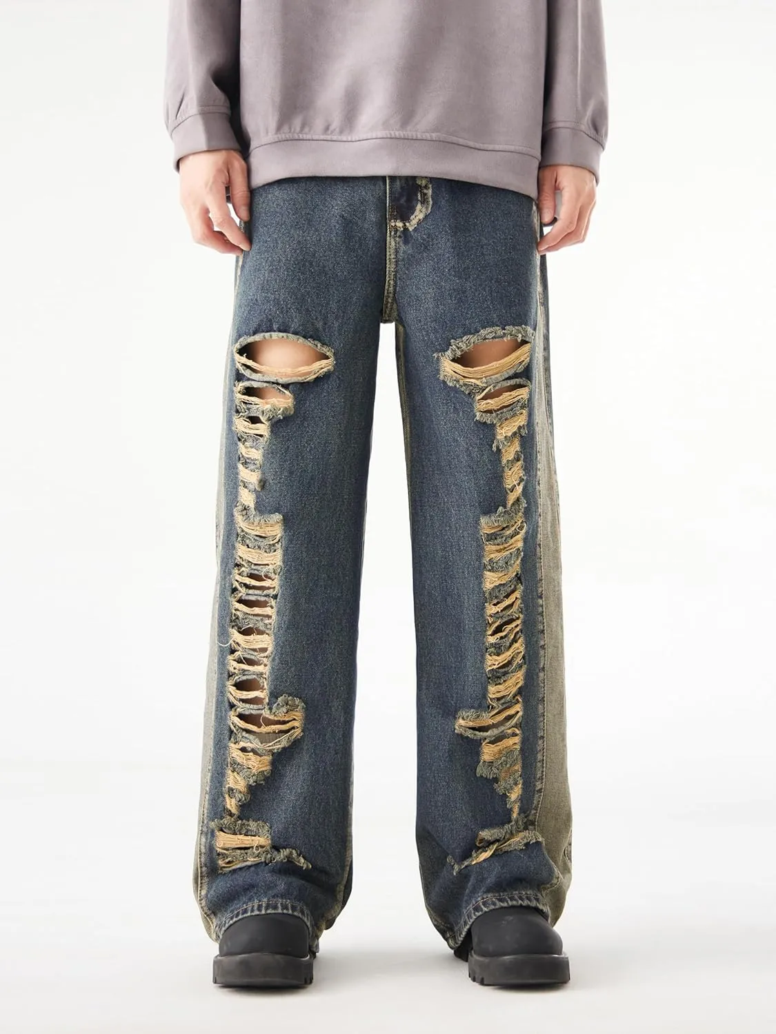 Men's Baggy Jeans Y2K Vintage Distressed Ripped Wide Leg Denim Pants Hip Hop Casual Loose Fit Streetwear Trousers