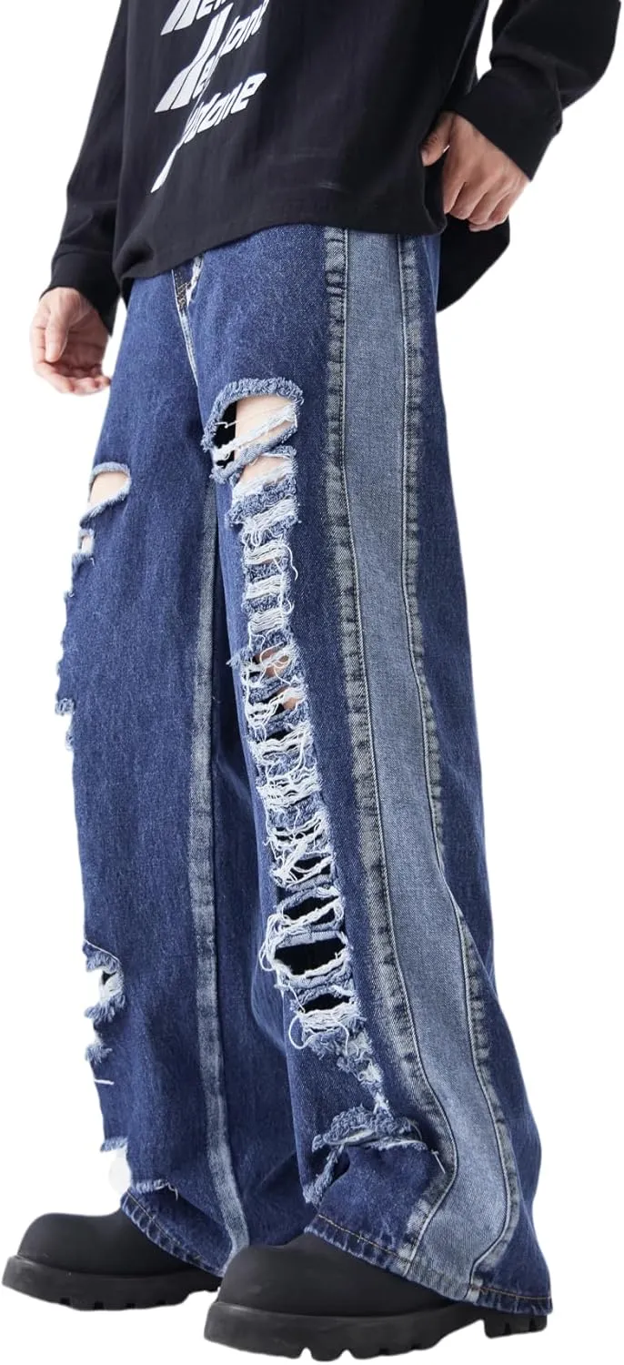 Men's Baggy Jeans Y2K Vintage Distressed Ripped Wide Leg Denim Pants Hip Hop Casual Loose Fit Streetwear Trousers