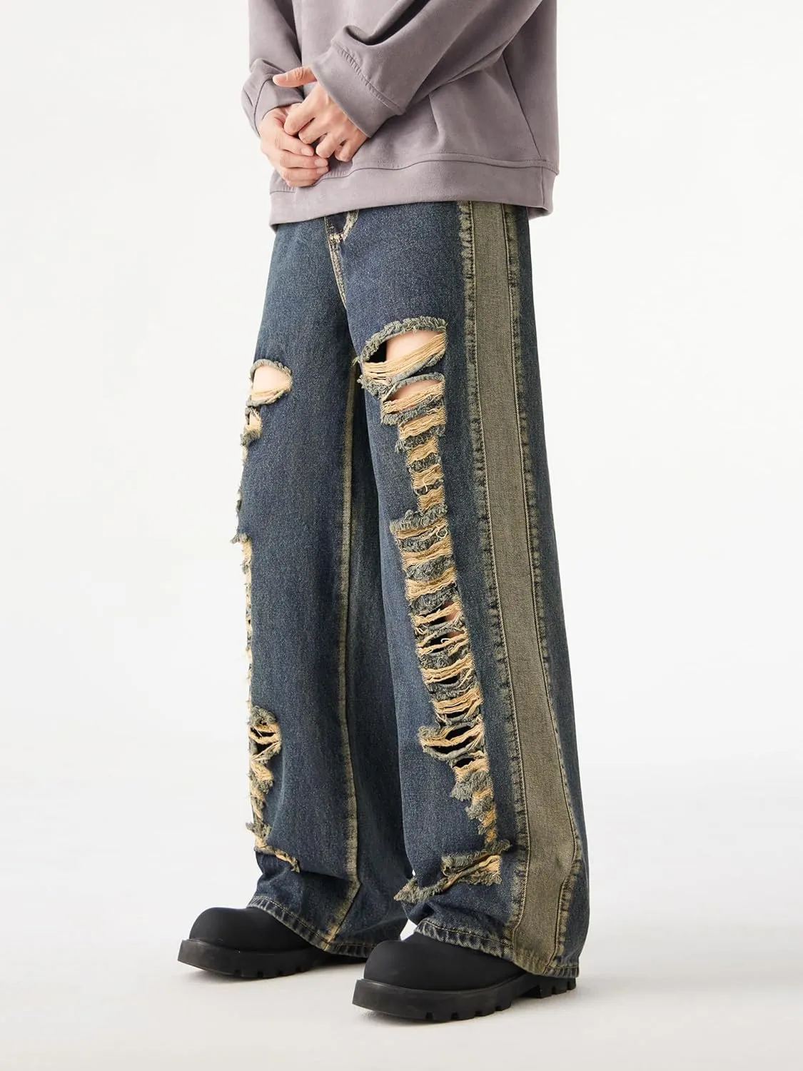 Men's Baggy Jeans Y2K Vintage Distressed Ripped Wide Leg Denim Pants Hip Hop Casual Loose Fit Streetwear Trousers