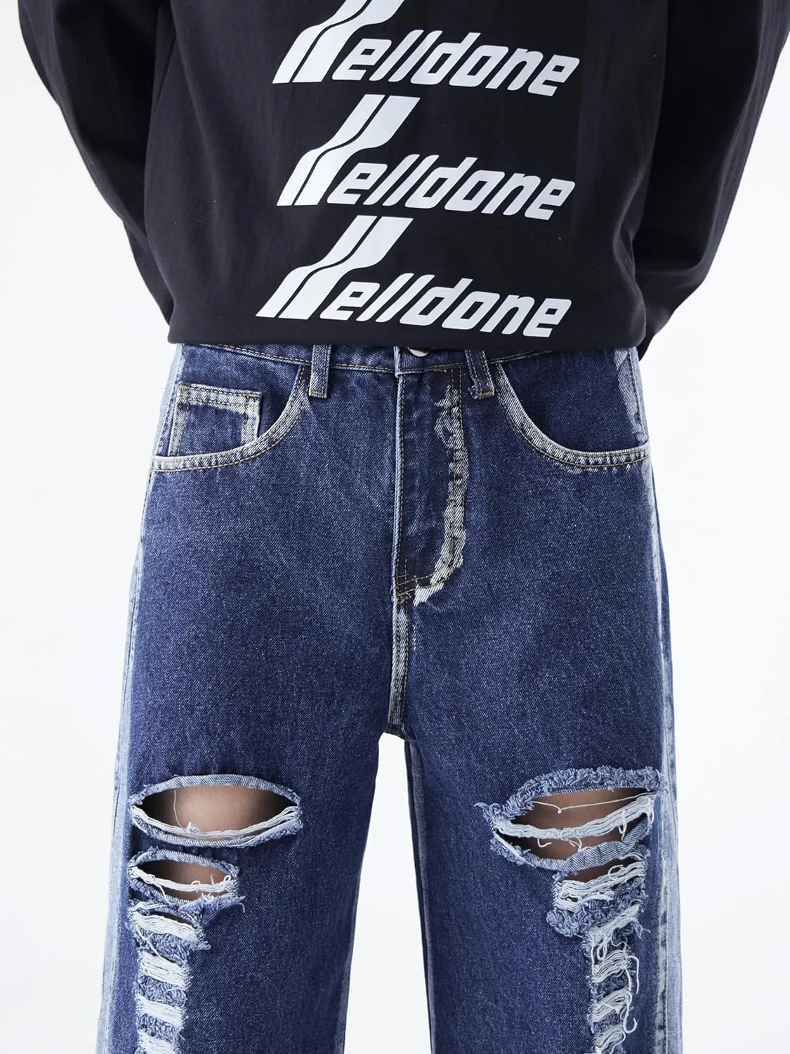 Men's Baggy Jeans Y2K Vintage Distressed Ripped Wide Leg Denim Pants Hip Hop Casual Loose Fit Streetwear Trousers