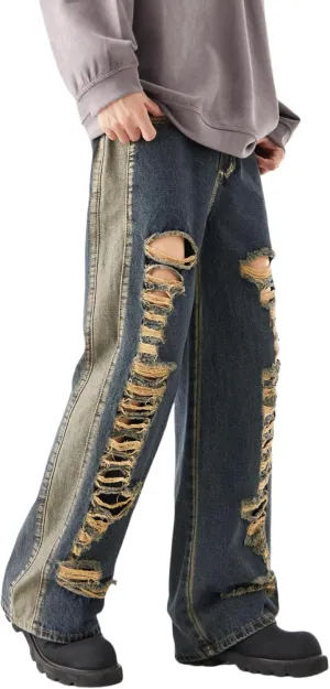 Men's Baggy Jeans Y2K Vintage Distressed Ripped Wide Leg Denim Pants Hip Hop Casual Loose Fit Streetwear Trousers