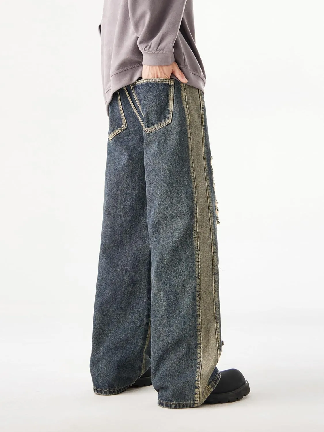 Men's Baggy Jeans Y2K Vintage Distressed Ripped Wide Leg Denim Pants Hip Hop Casual Loose Fit Streetwear Trousers