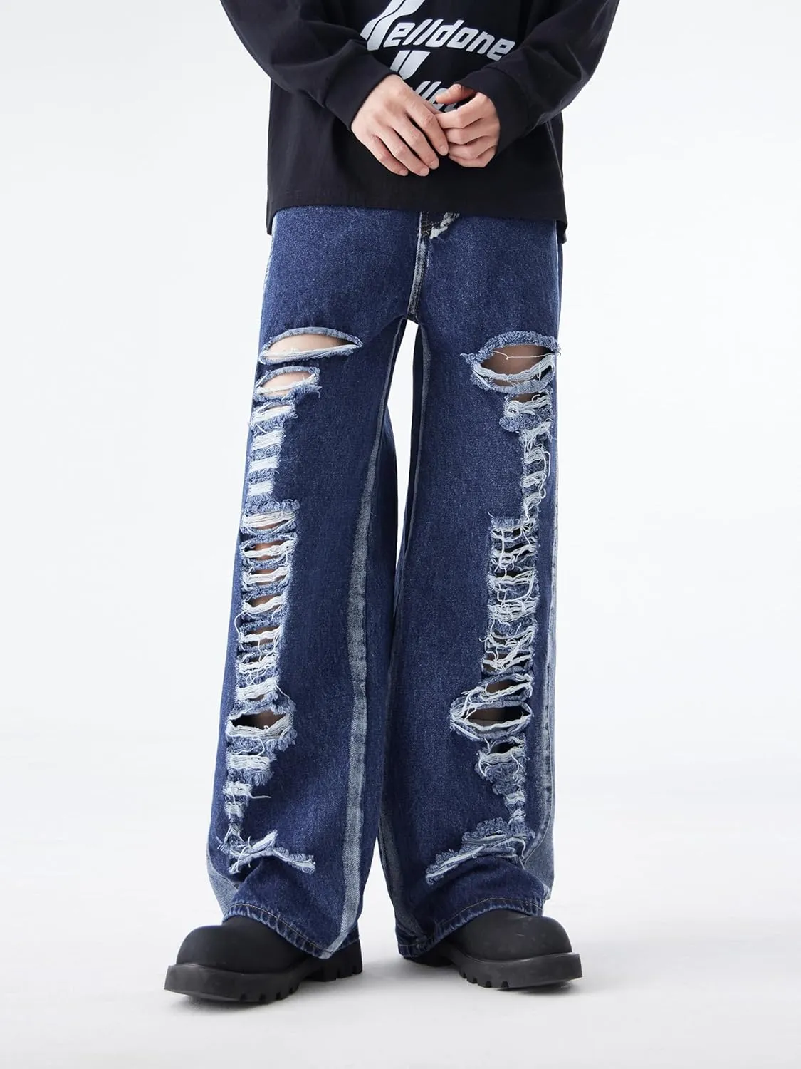 Men's Baggy Jeans Y2K Vintage Distressed Ripped Wide Leg Denim Pants Hip Hop Casual Loose Fit Streetwear Trousers