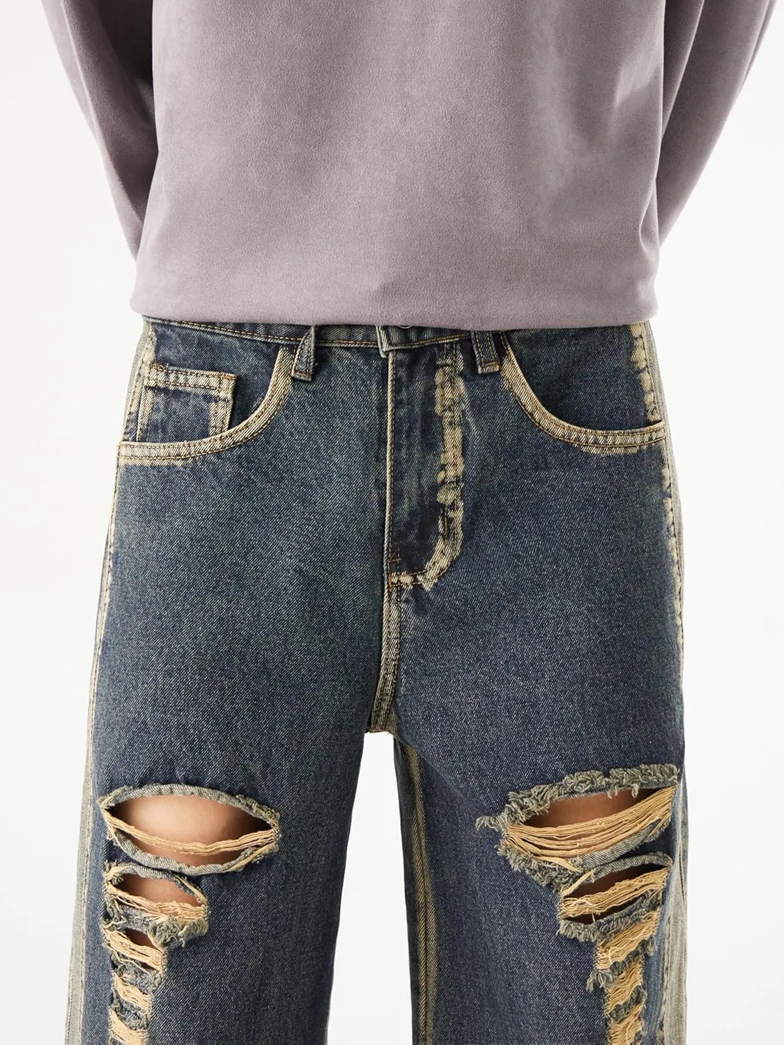 Men's Baggy Jeans Y2K Vintage Distressed Ripped Wide Leg Denim Pants Hip Hop Casual Loose Fit Streetwear Trousers