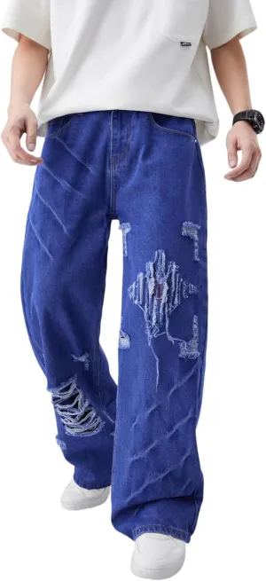 Men's Baggy Jeans Y2K Vintage Distressed Ripped Wide Leg Denim Pants Hip Hop Casual Loose Fit Streetwear Trousers