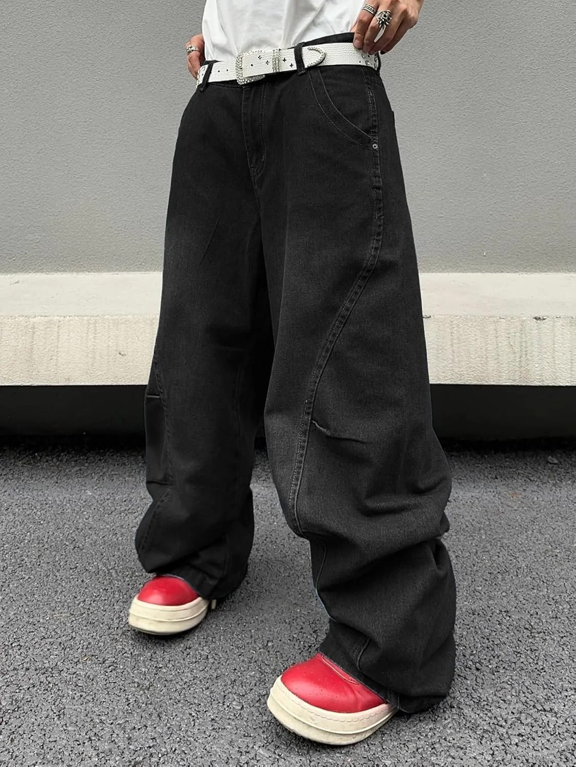 Men's Irregular Sutures Y2k Hip Hop Baggy Jeans Wide Leg Denim Pants Casual Loose Fit Trousers Streetwear