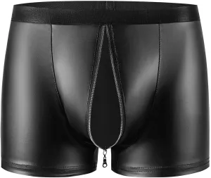 Men's Matte Faux Leather Boxer Briefs with Front Cutout and Zipper Pouch, Low Rise Stretchy Tight Fit Underwear