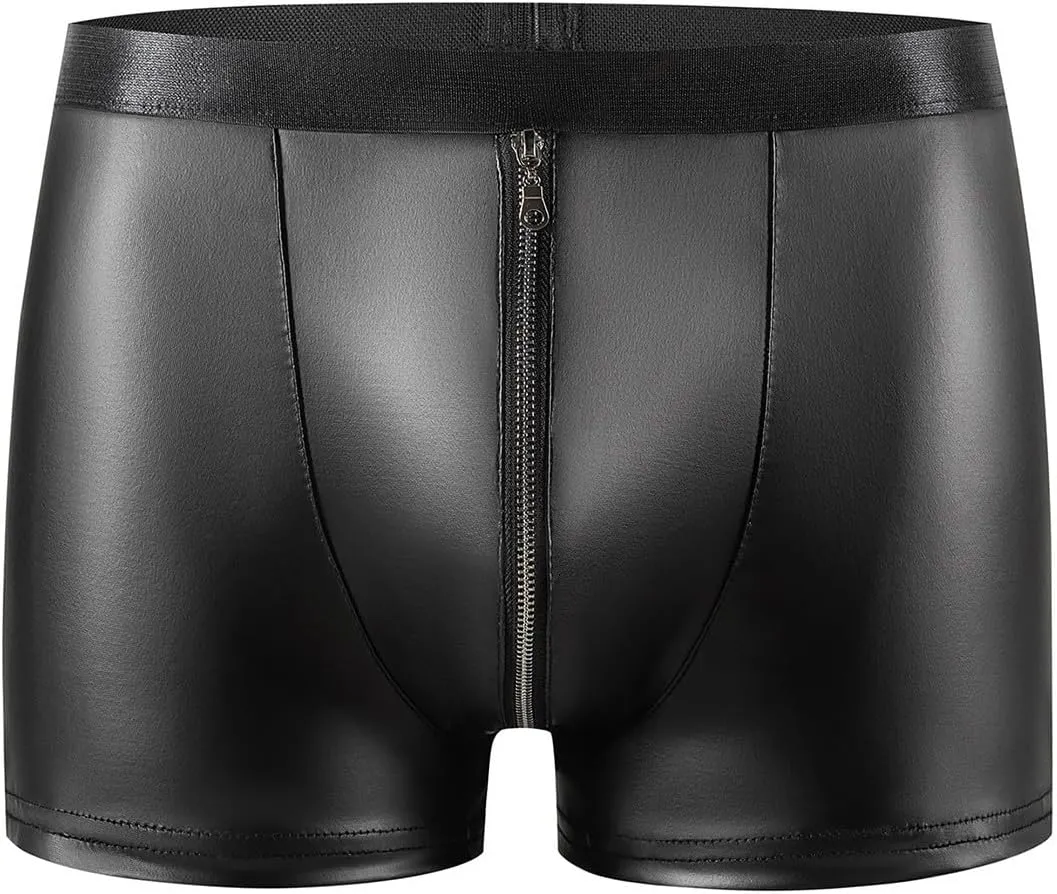 Men's Matte Faux Leather Boxer Briefs with Front Cutout and Zipper Pouch, Low Rise Stretchy Tight Fit Underwear