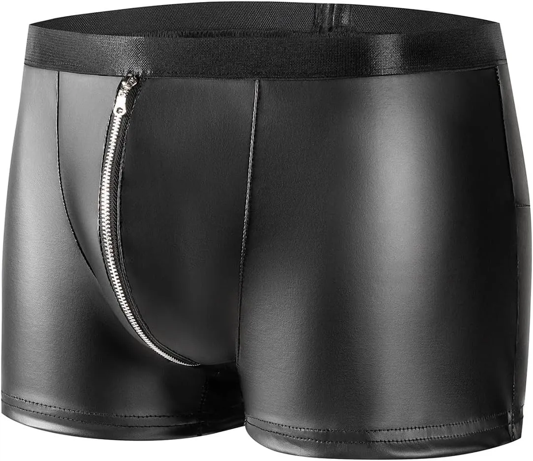 Men's Matte Faux Leather Boxer Briefs with Front Cutout and Zipper Pouch, Low Rise Stretchy Tight Fit Underwear