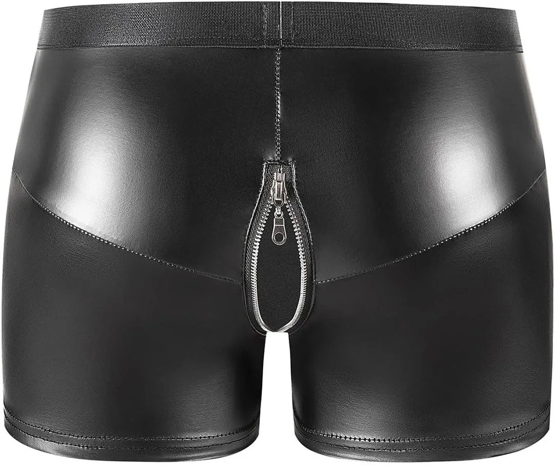 Men's Matte Faux Leather Boxer Briefs with Front Cutout and Zipper Pouch, Low Rise Stretchy Tight Fit Underwear