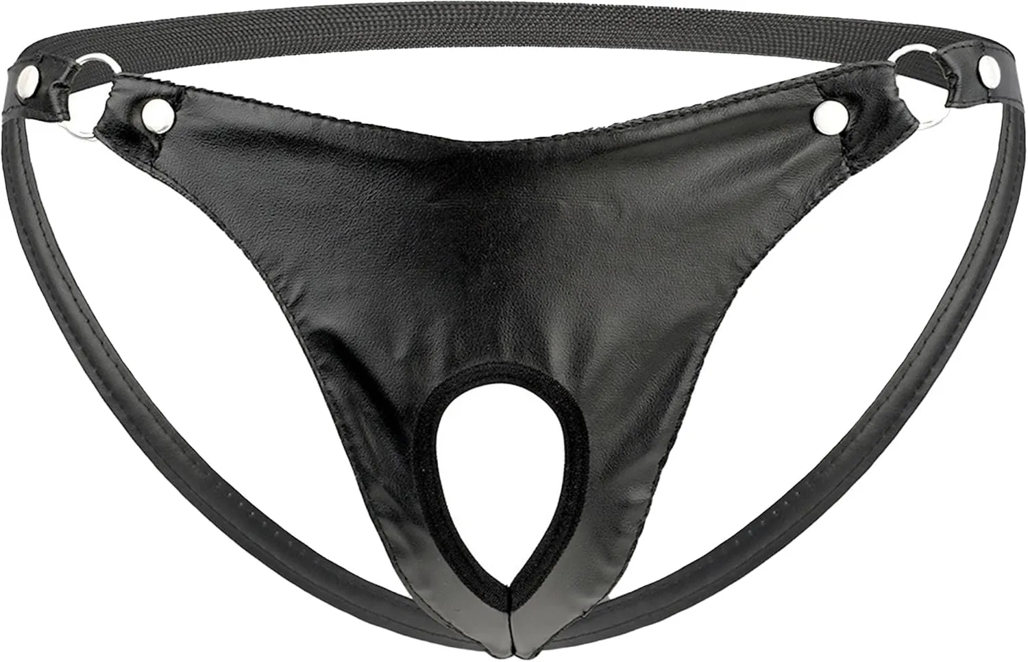 Men's Open Front Pouch G-String Thongs Black Leather Bikini Lingerie Shiny Metallic Low Rise Jockstrap Briefs (Medium,Black)