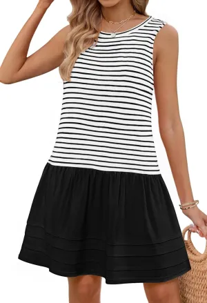 MEROKEETY Women's Summer Sleeveless Sundress Casual Striped Patchwork Mini Tank Dress with Pockets