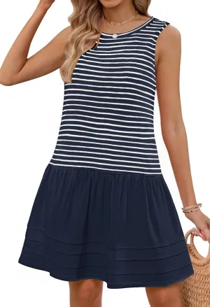 MEROKEETY Women's Summer Sleeveless Sundress Casual Striped Patchwork Mini Tank Dress with Pockets