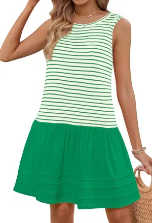 MEROKEETY Women's Summer Sleeveless Sundress Casual Striped Patchwork Mini Tank Dress with Pockets