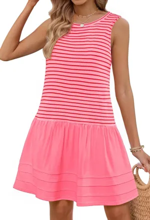 MEROKEETY Women's Summer Sleeveless Sundress Casual Striped Patchwork Mini Tank Dress with Pockets