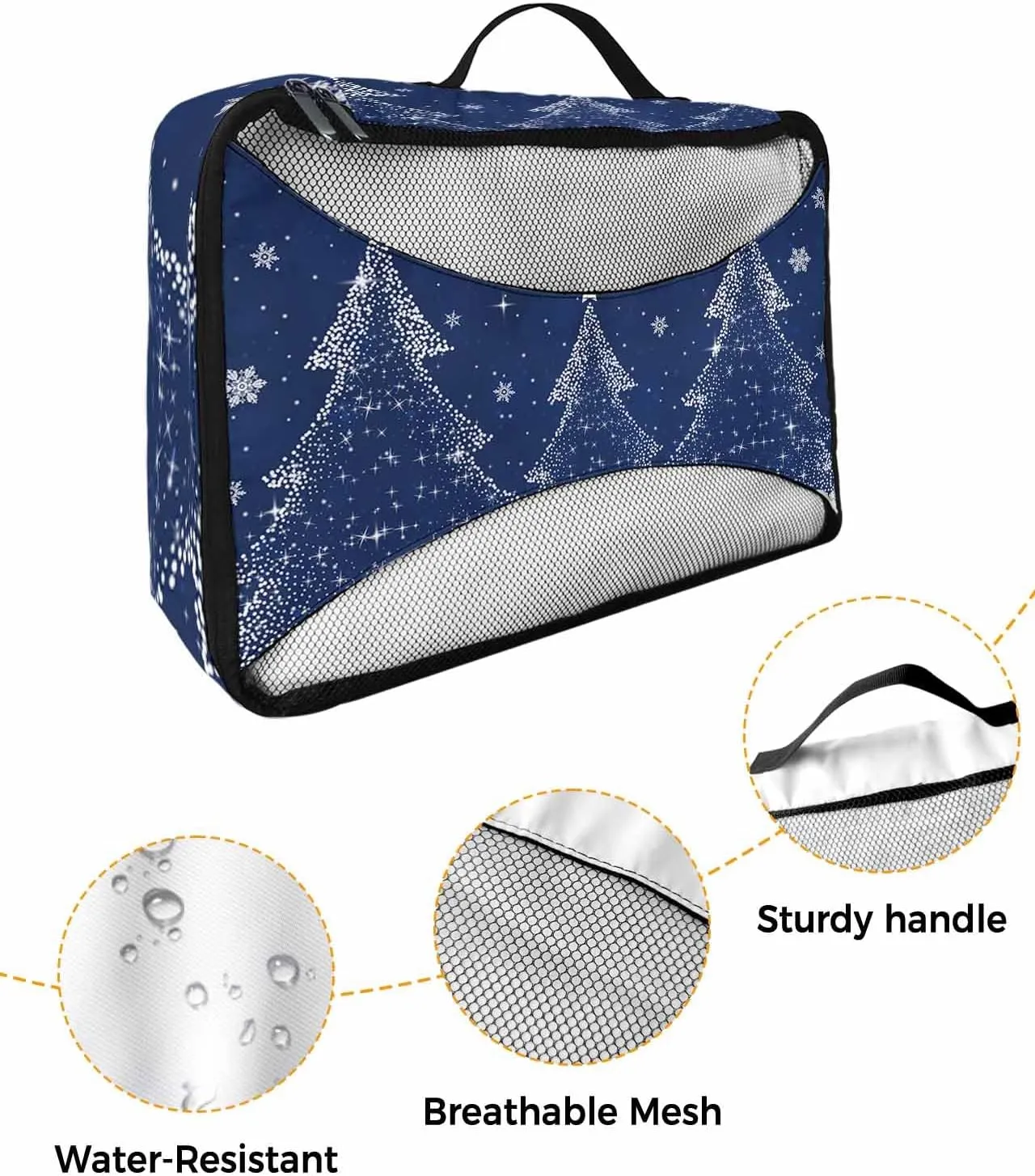 Merry Christmas White Xmas Tree 4 Set Packing Cubes, Winter Ornament Snowflake Navy Packing Cubes for Carry on Suitcase Travel Essential Bag for Clothes Shoes Cosmetics Toiletry