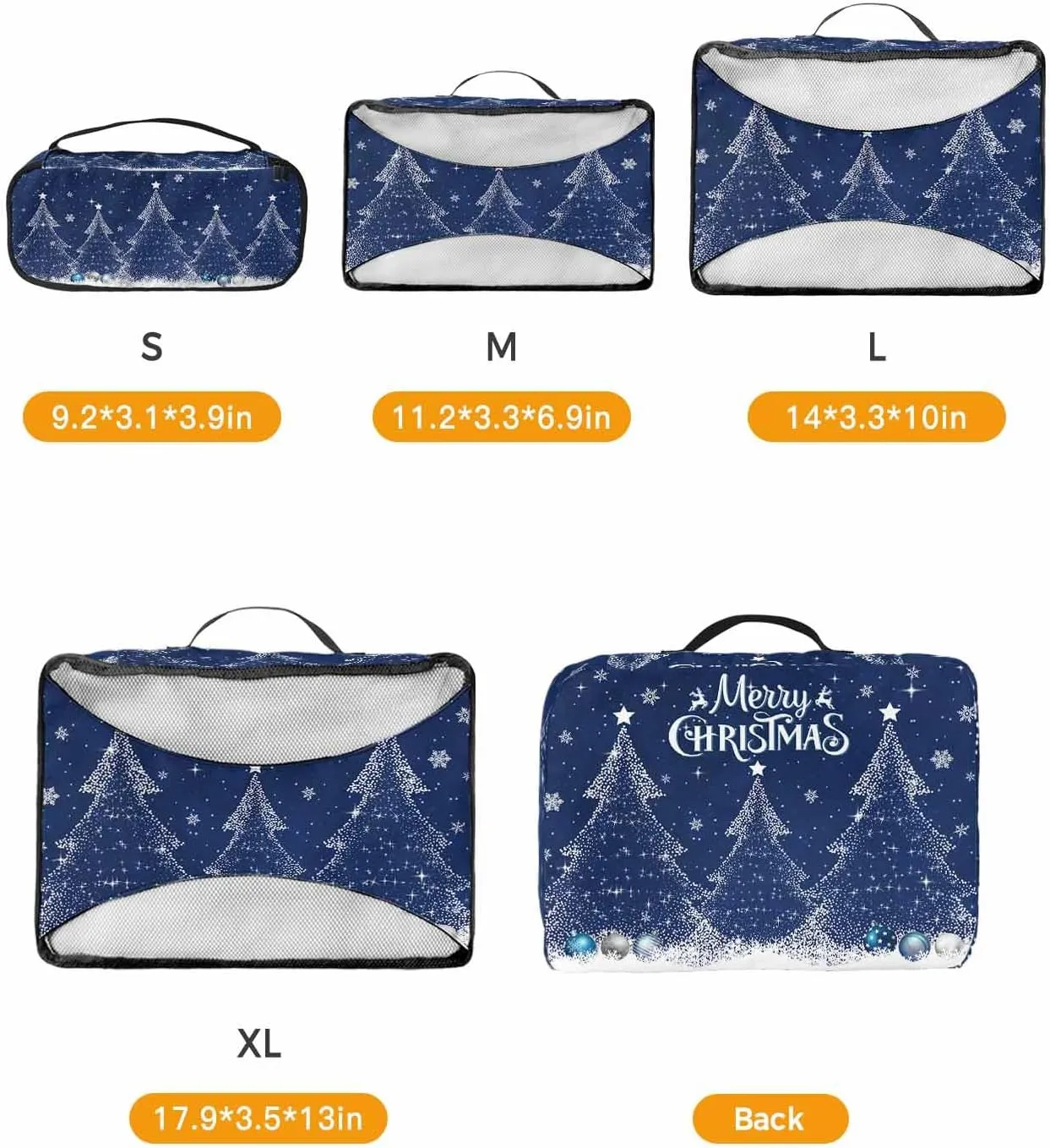 Merry Christmas White Xmas Tree 4 Set Packing Cubes, Winter Ornament Snowflake Navy Packing Cubes for Carry on Suitcase Travel Essential Bag for Clothes Shoes Cosmetics Toiletry