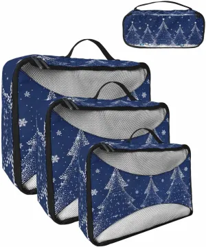 Merry Christmas White Xmas Tree 4 Set Packing Cubes, Winter Ornament Snowflake Navy Packing Cubes for Carry on Suitcase Travel Essential Bag for Clothes Shoes Cosmetics Toiletry