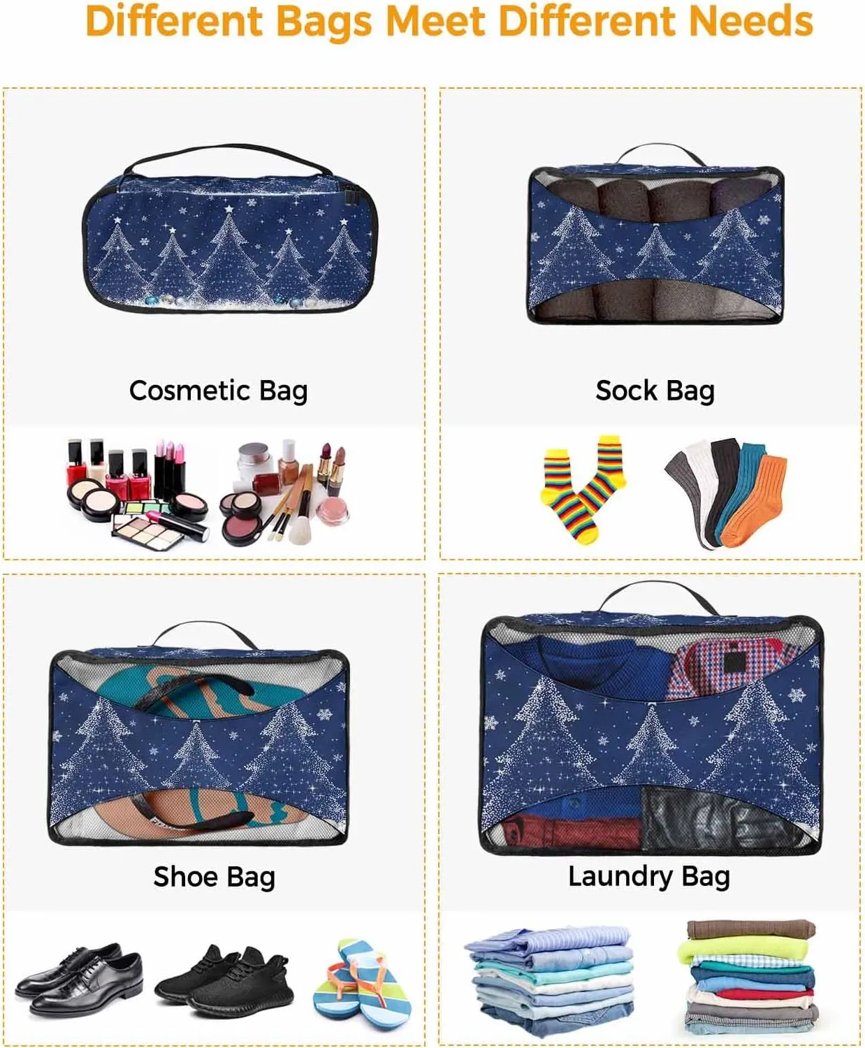 Merry Christmas White Xmas Tree 4 Set Packing Cubes, Winter Ornament Snowflake Navy Packing Cubes for Carry on Suitcase Travel Essential Bag for Clothes Shoes Cosmetics Toiletry