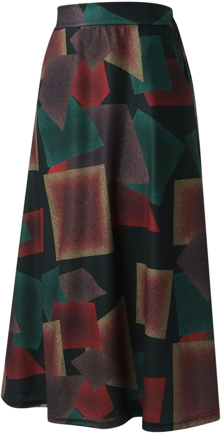 Midi Skirt Women's Elastic High Waist Loose A-Line Skirts Pocket Plaid Print Summer Casual Calf-Length Skirt