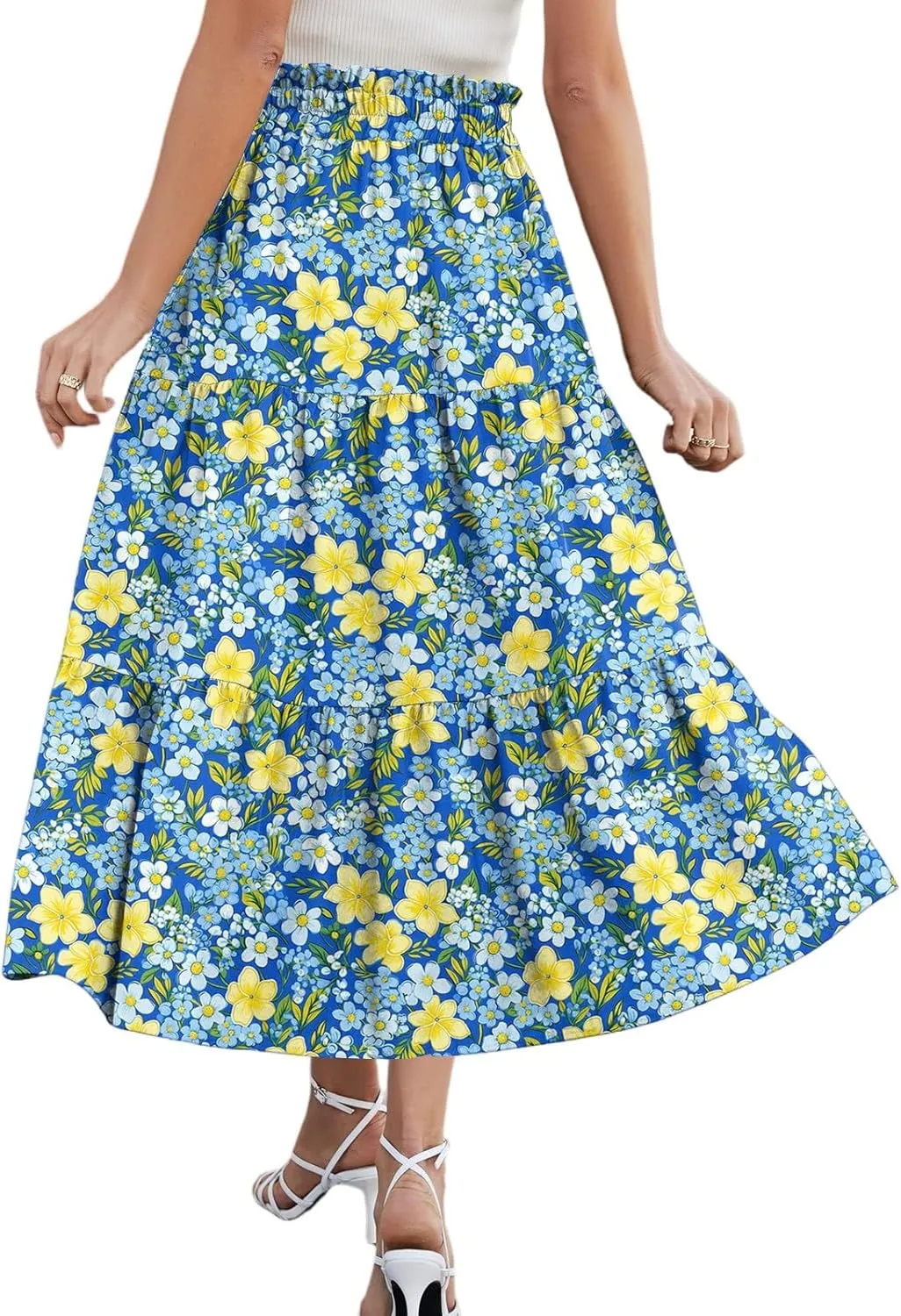Midi Skirts for Women 2025 Boho Floral Skirts Tiered Ruffle Skirt Flowy A Line High Elastic Waisted Skorts with Pockets