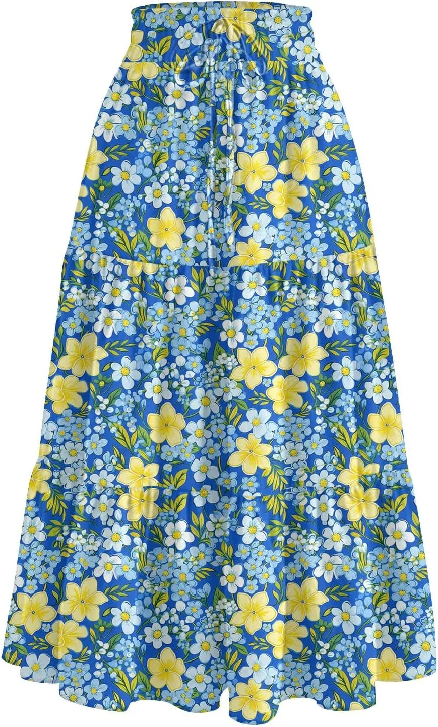 Midi Skirts for Women 2025 Boho Floral Skirts Tiered Ruffle Skirt Flowy A Line High Elastic Waisted Skorts with Pockets