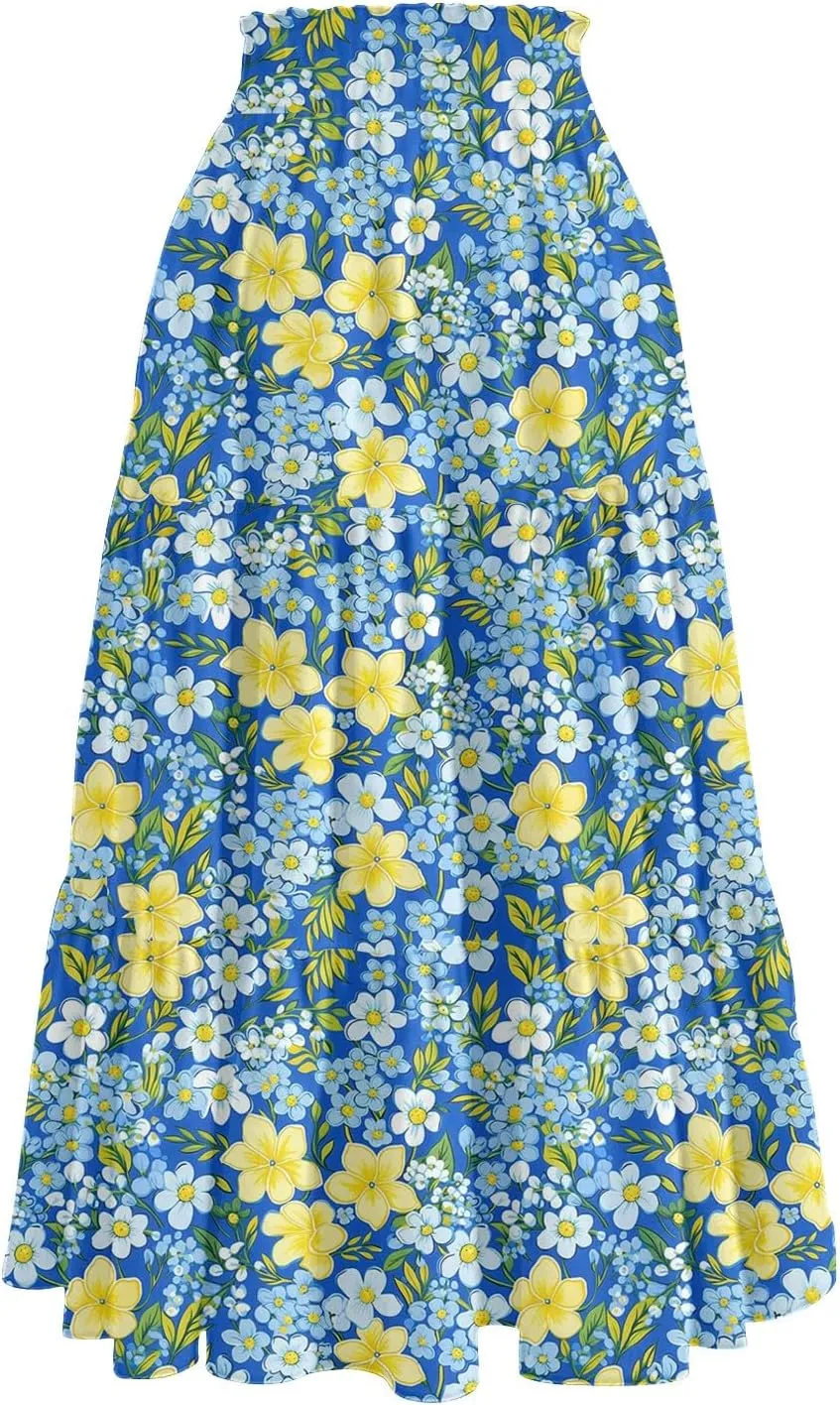 Midi Skirts for Women 2025 Boho Floral Skirts Tiered Ruffle Skirt Flowy A Line High Elastic Waisted Skorts with Pockets