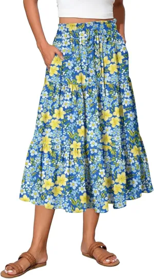 Midi Skirts for Women 2025 Boho Floral Skirts Tiered Ruffle Skirt Flowy A Line High Elastic Waisted Skorts with Pockets