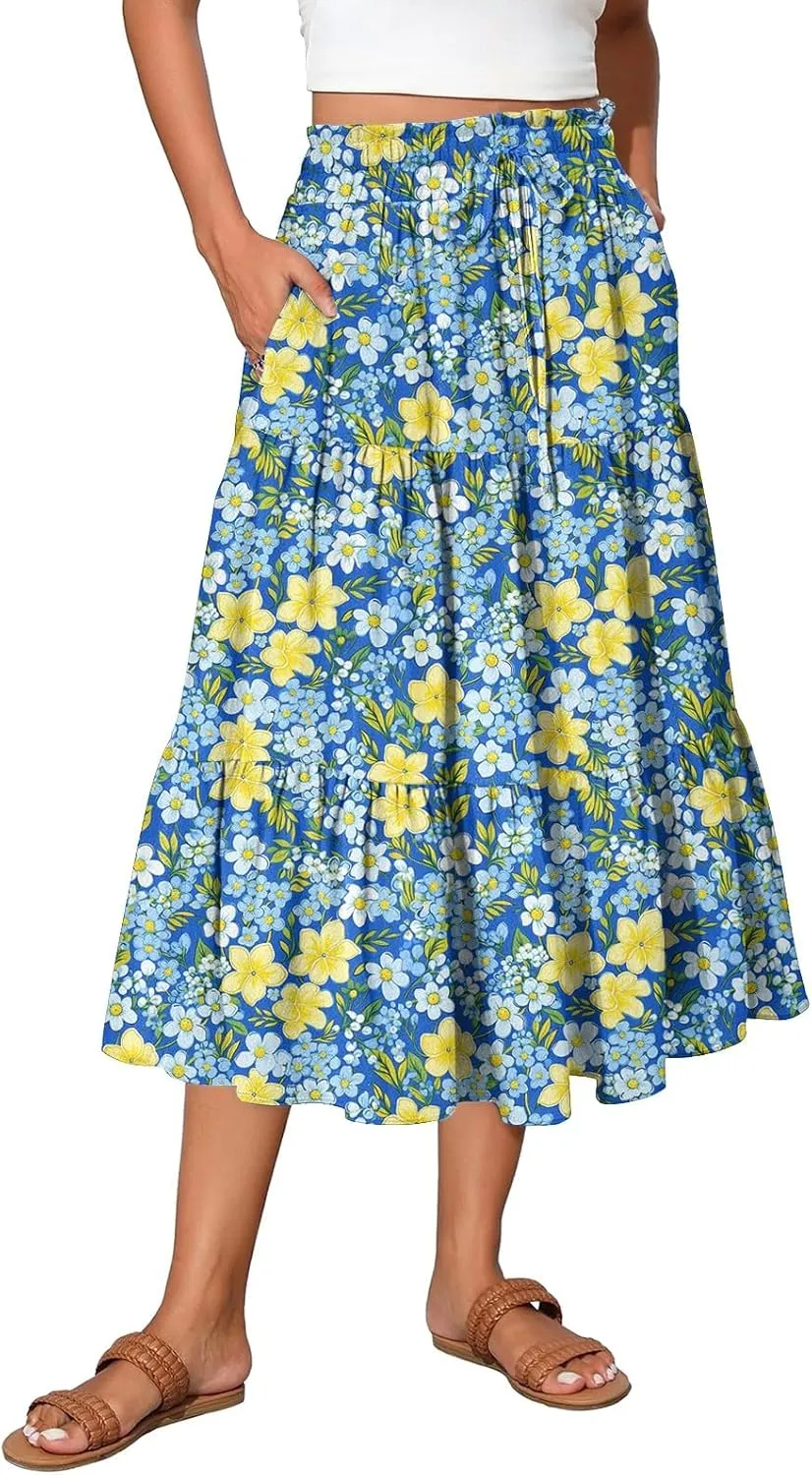 Midi Skirts for Women 2025 Boho Floral Skirts Tiered Ruffle Skirt Flowy A Line High Elastic Waisted Skorts with Pockets